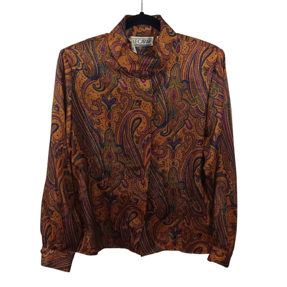Le Caviar Top Womens 8 Artsy Button Down Shirt Shoulder Pads Retro Blouse